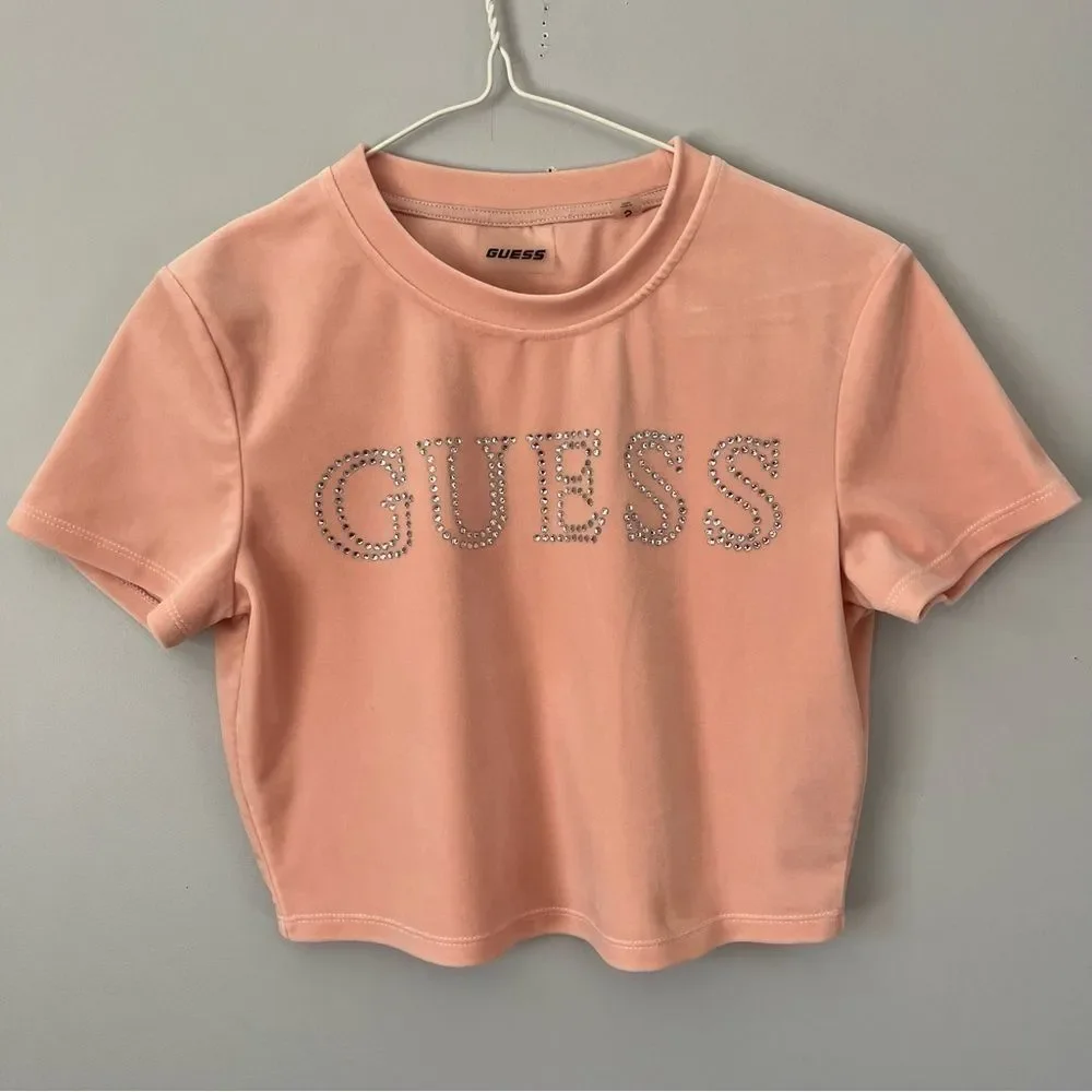 Guess Rhinestone Front Logo Powder Pink Velour Cropped Short Sleeve Shirt Size S
